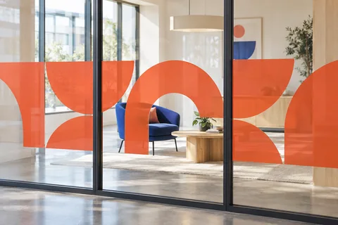 Illustrative lounge with coral geometric film across a glass partition.