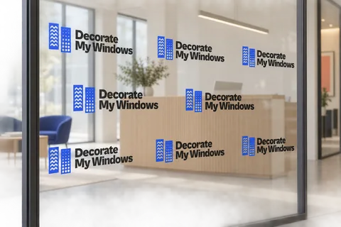 Illustrative showroom glass with staggered Decorate My Windows logo repeats.