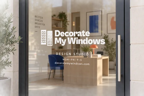Illustrative glass entrance with a white logo, opening hours, and website.
